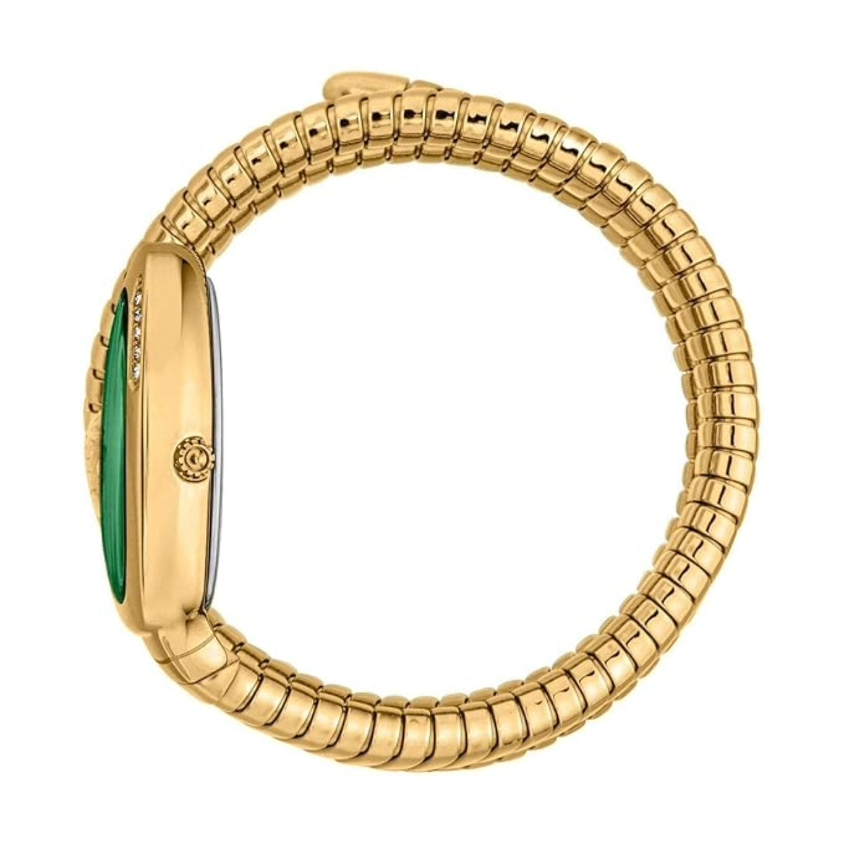 Gold bracelet with a green gemstone on a white background