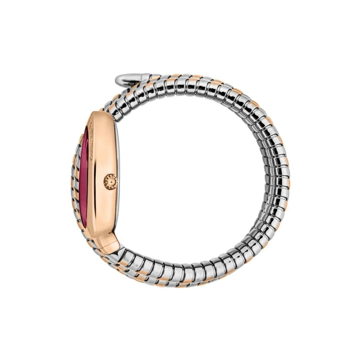 Two-tone watch with a pink gemstone face on a white background