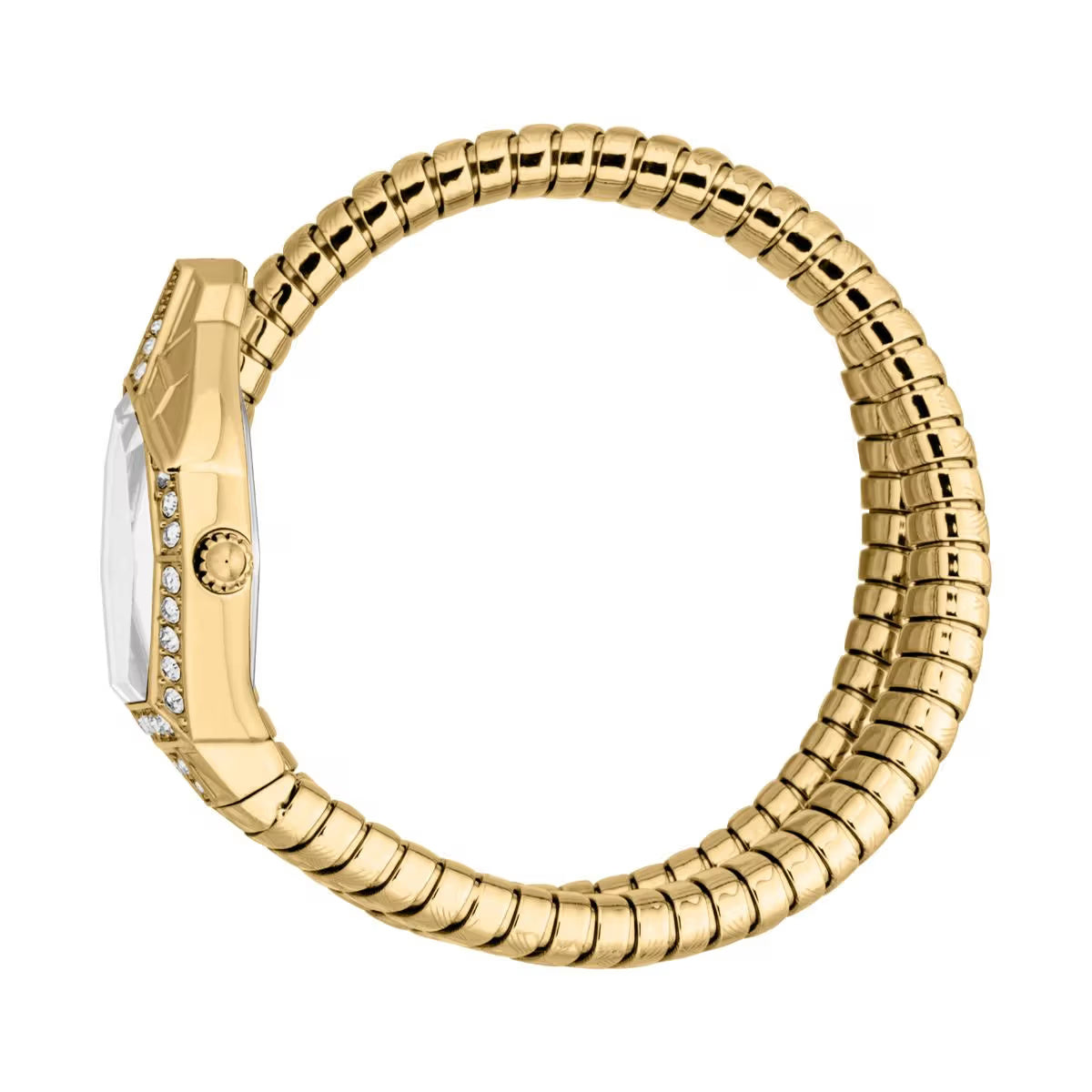Gold watch with a textured band on a white background