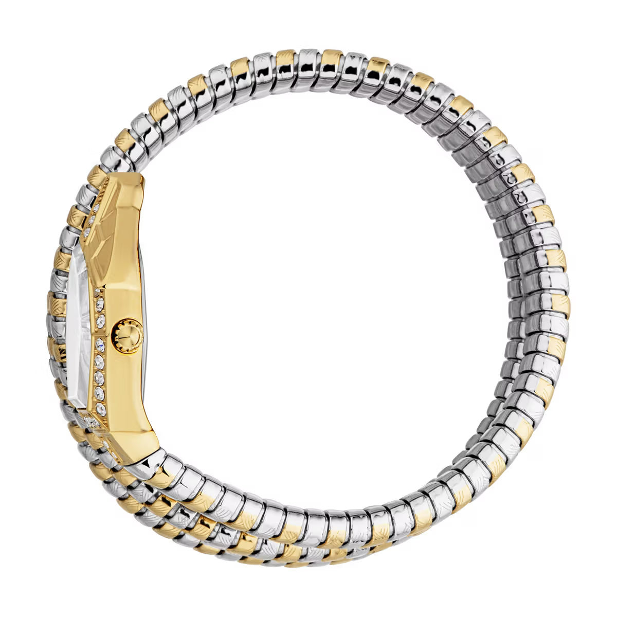 Two-tone gold and silver bracelet on a white background