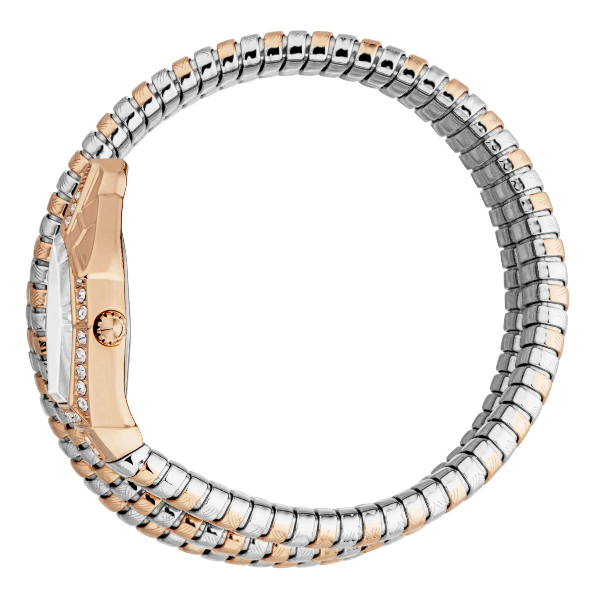 Two-tone bracelet with silver and rose gold elements on a white background