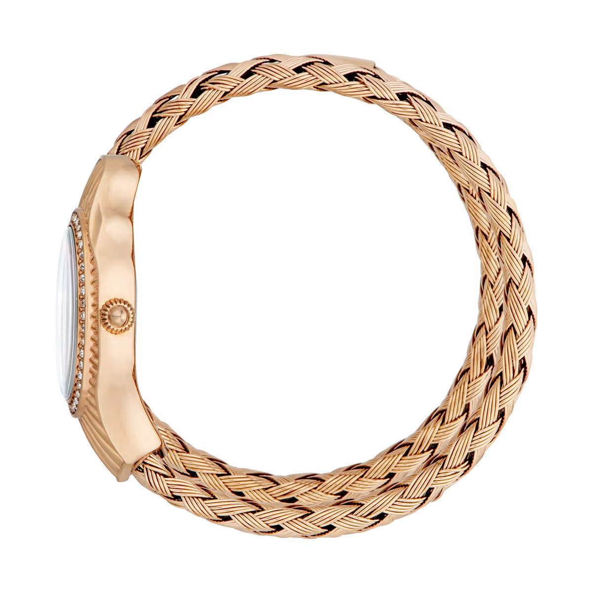 Rose gold braided bracelet on a white background