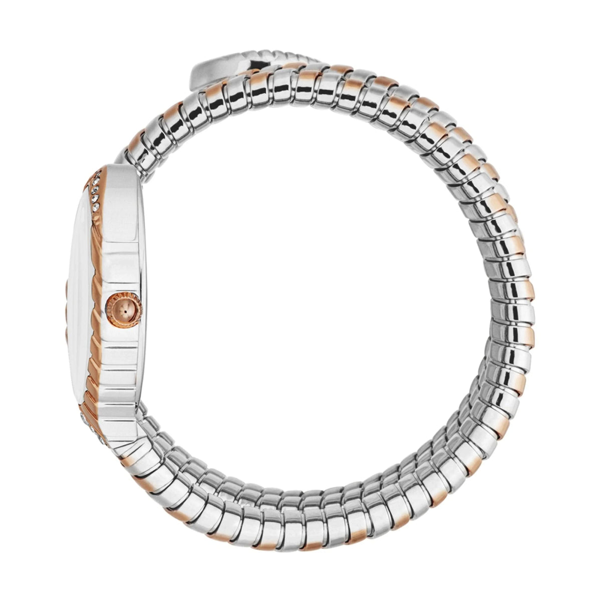 Silver and rose gold watch band on a white background