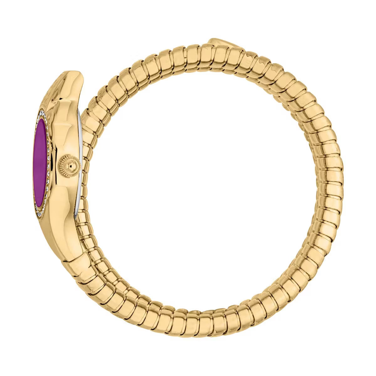 Gold ring with a purple gemstone on a white background