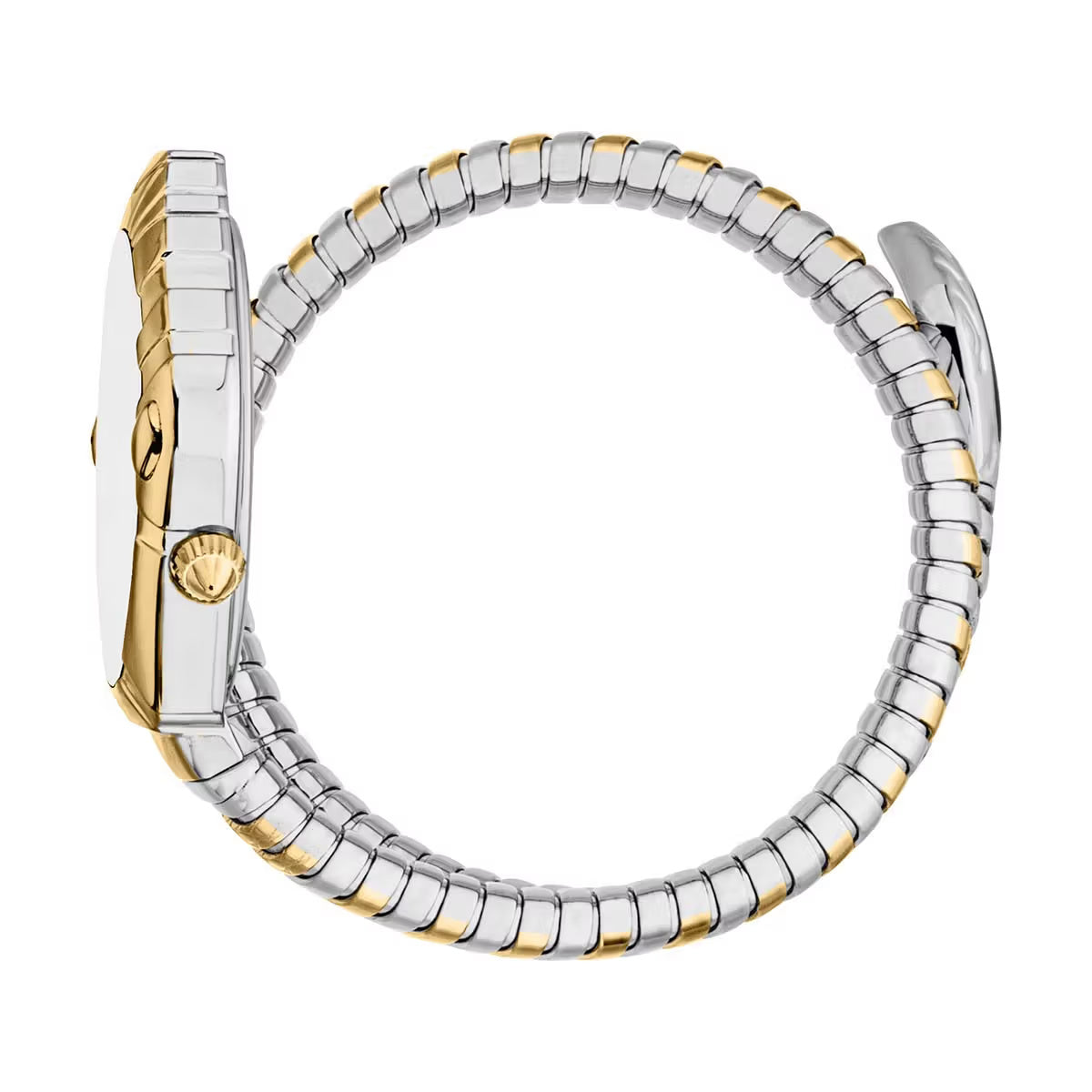 Two-tone silver and gold watch band on a white background