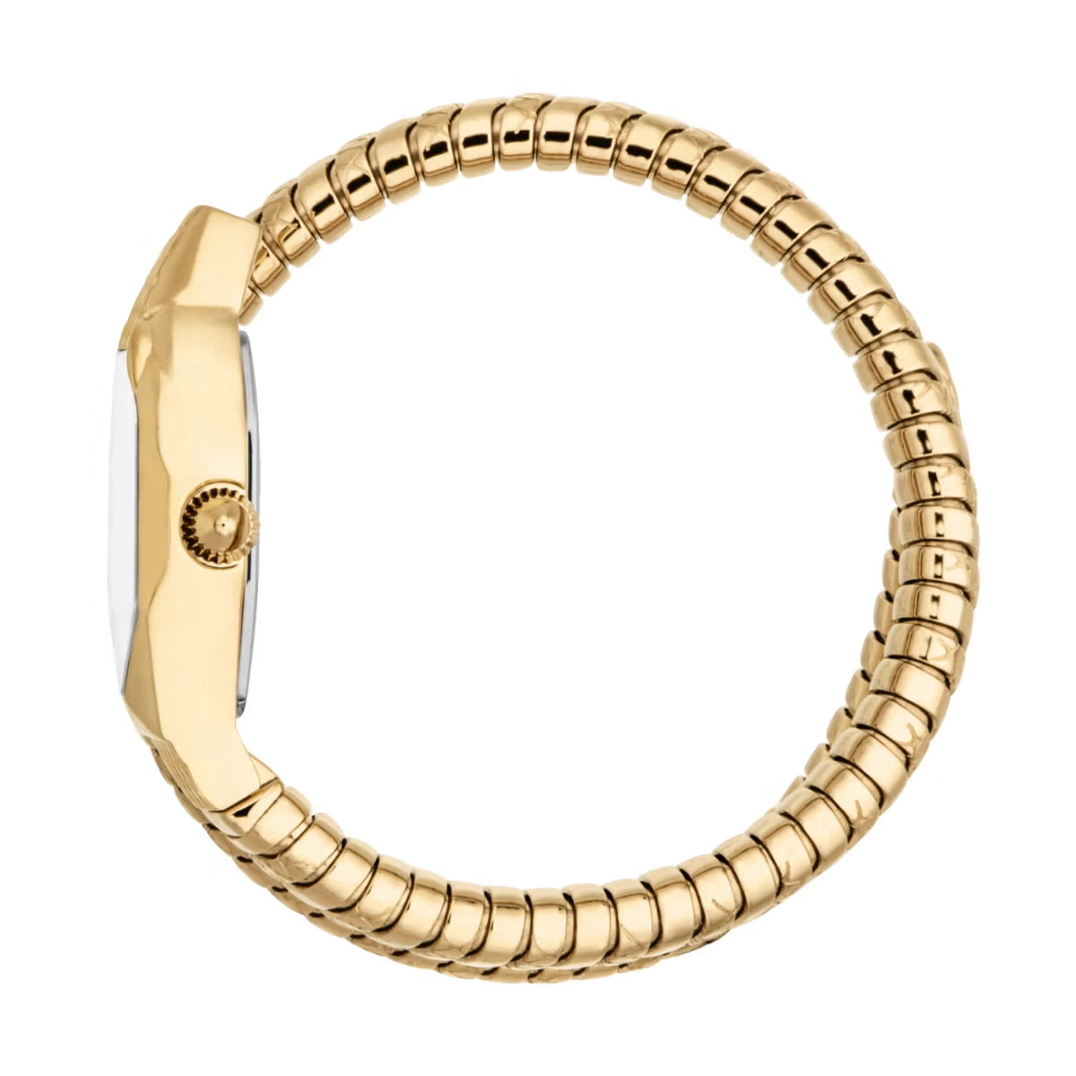Gold watch with a beaded band on a white background