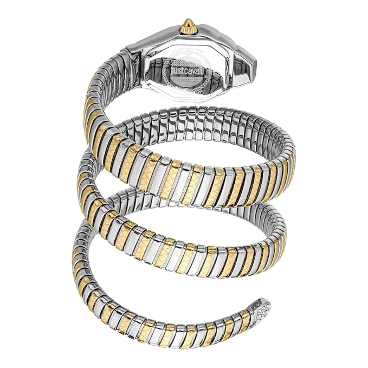 Two-toned snake-shaped bracelet with Just Cavalli branding on a white background