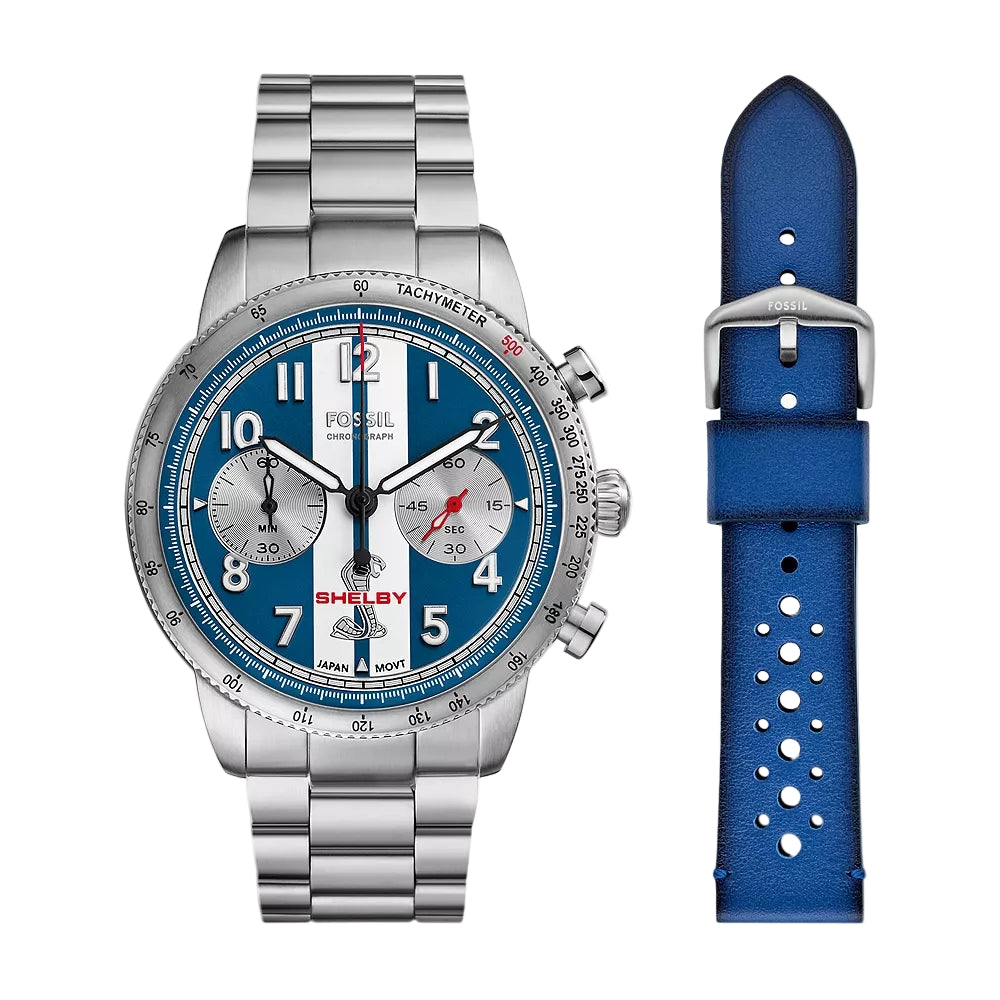 Fossil watch with blue face and blue strap on a white background