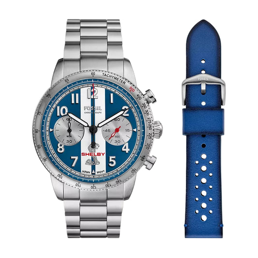 Fossil watch with blue face and blue strap on a white background