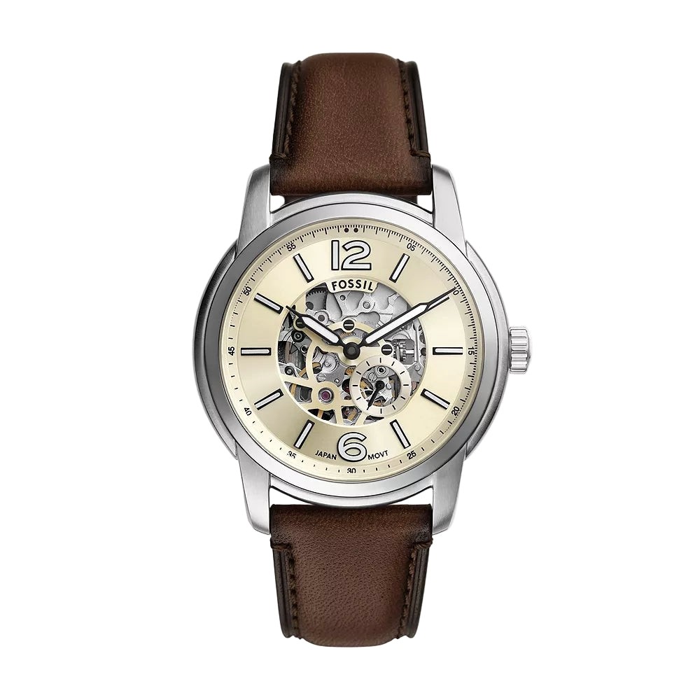 Fossil Heritage Automatic Cream Dial Analog Leather Strap Men Watch ME3264