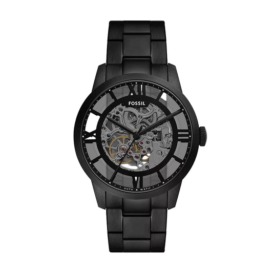 Black Fossil watch with transparent face on a white background