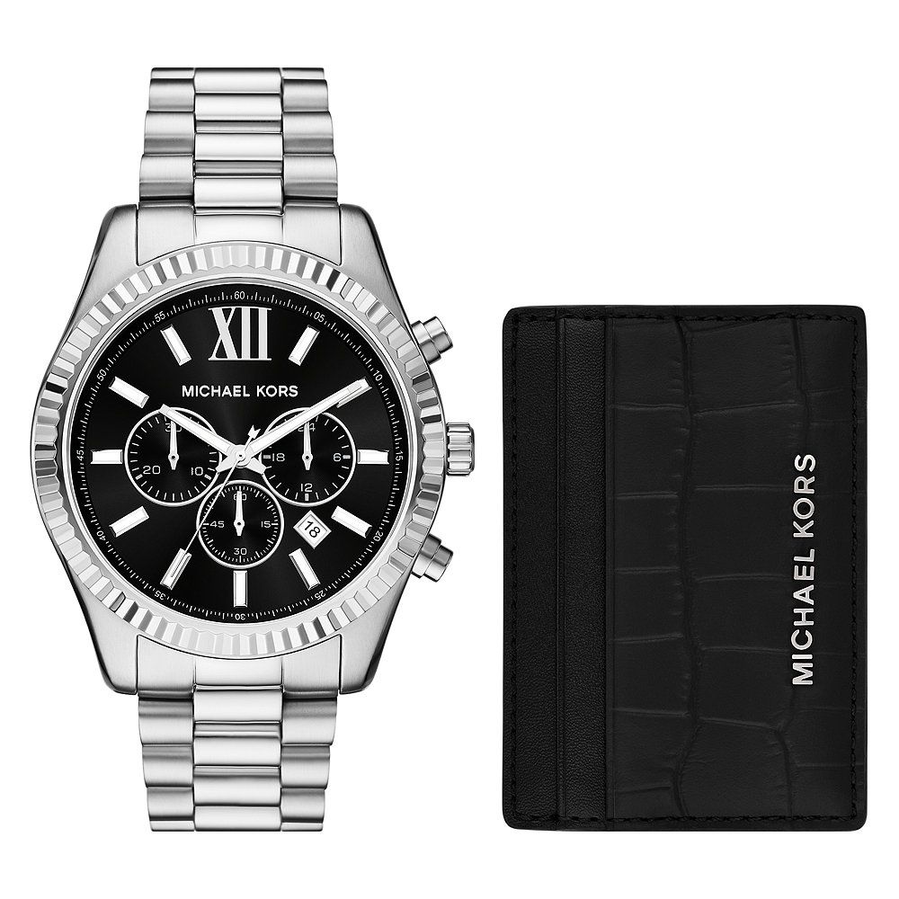 Michael Kors watch and black wallet on a white background
