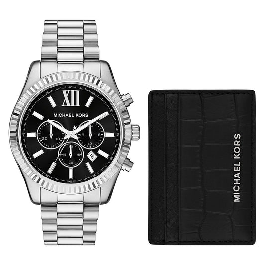Michael Kors watch and black wallet on a white background