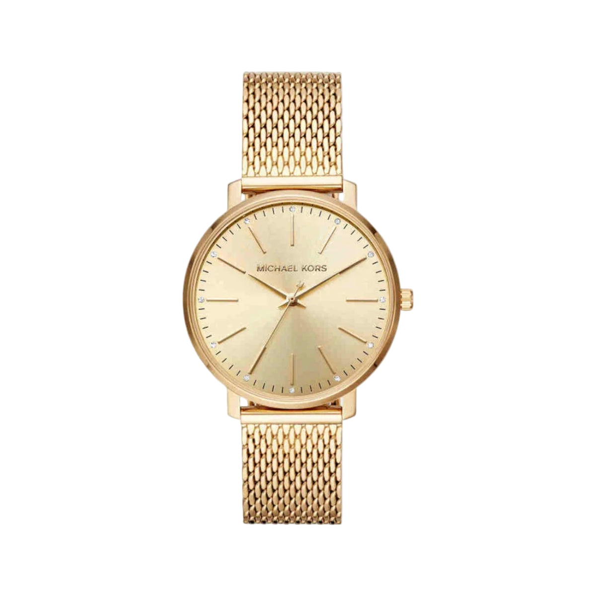 Gold watch with mesh band on a light gray background