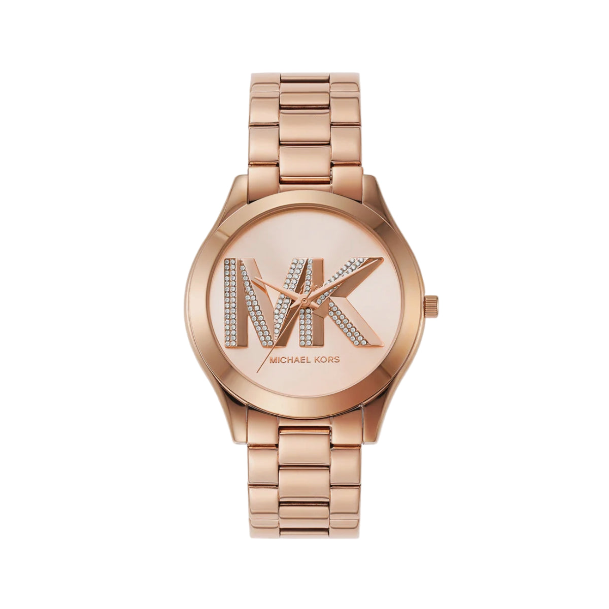 Rose gold watch with Michael Kors logo on a white background