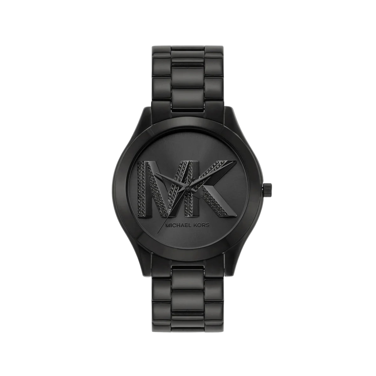 Black Michael Kors watch on a light gray background