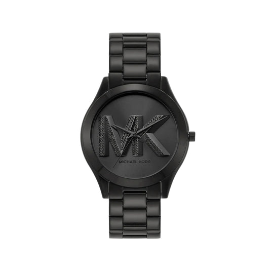 Black Michael Kors watch on a light gray background