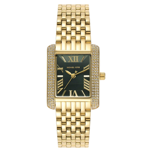 Gold watch with a black face on a white background