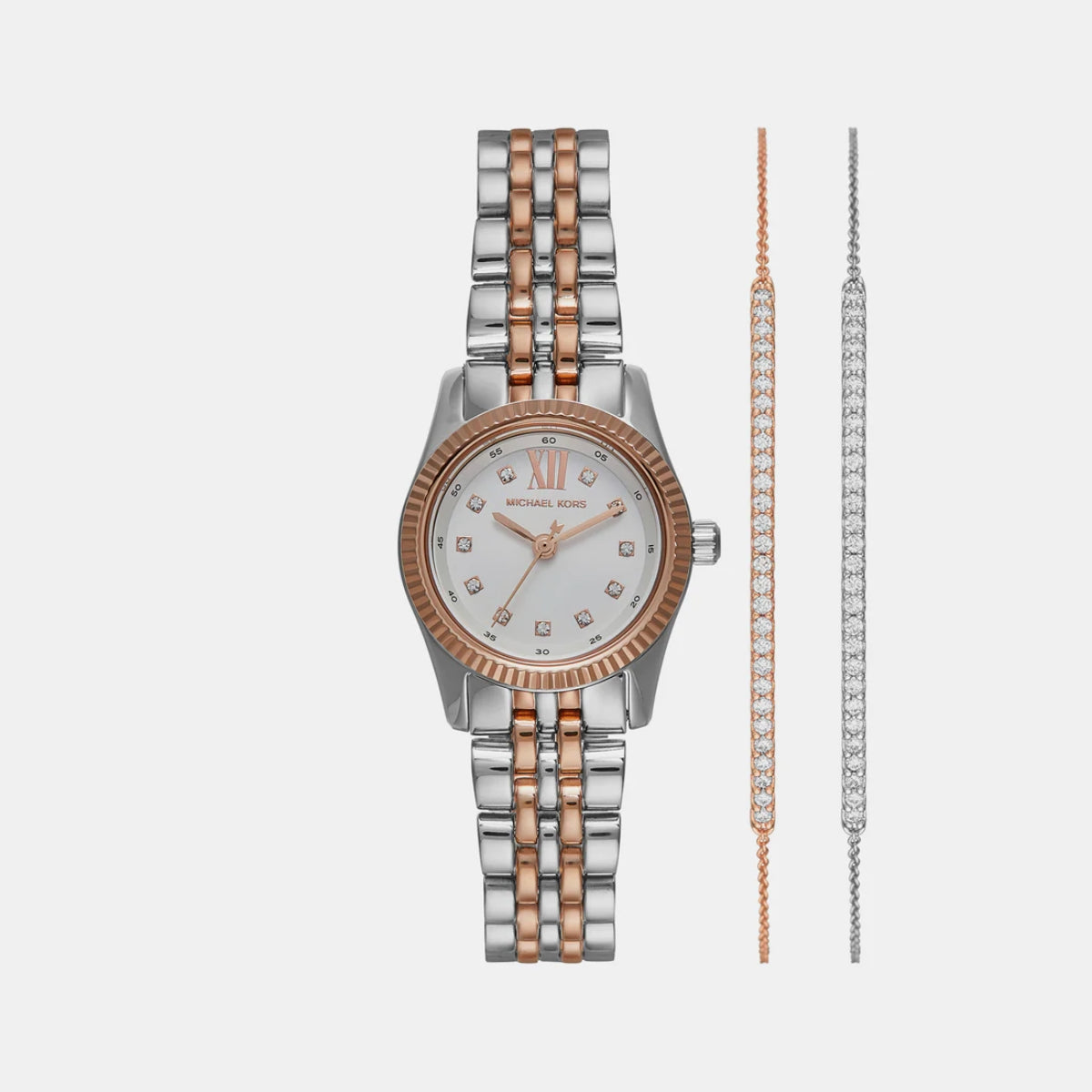 Two-tone watch with rose gold and silver straps on a white background