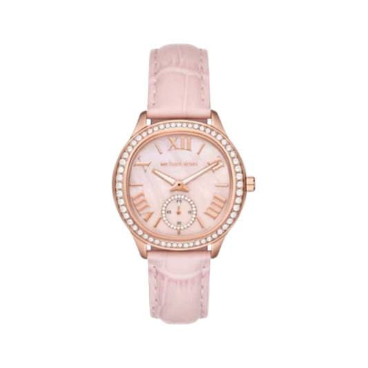 Pink watch with rose gold accents on a light pink background