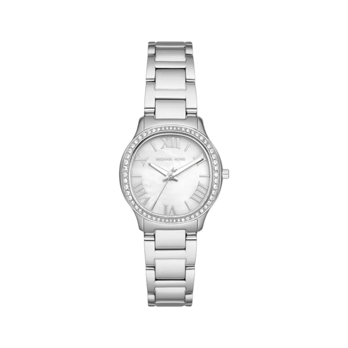 Silver watch with a white face on a light gray background