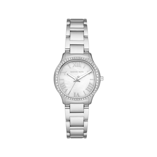 Silver watch with a white face on a light gray background