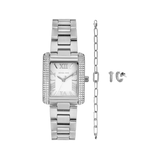 Silver watch and bracelet set on a light gray background