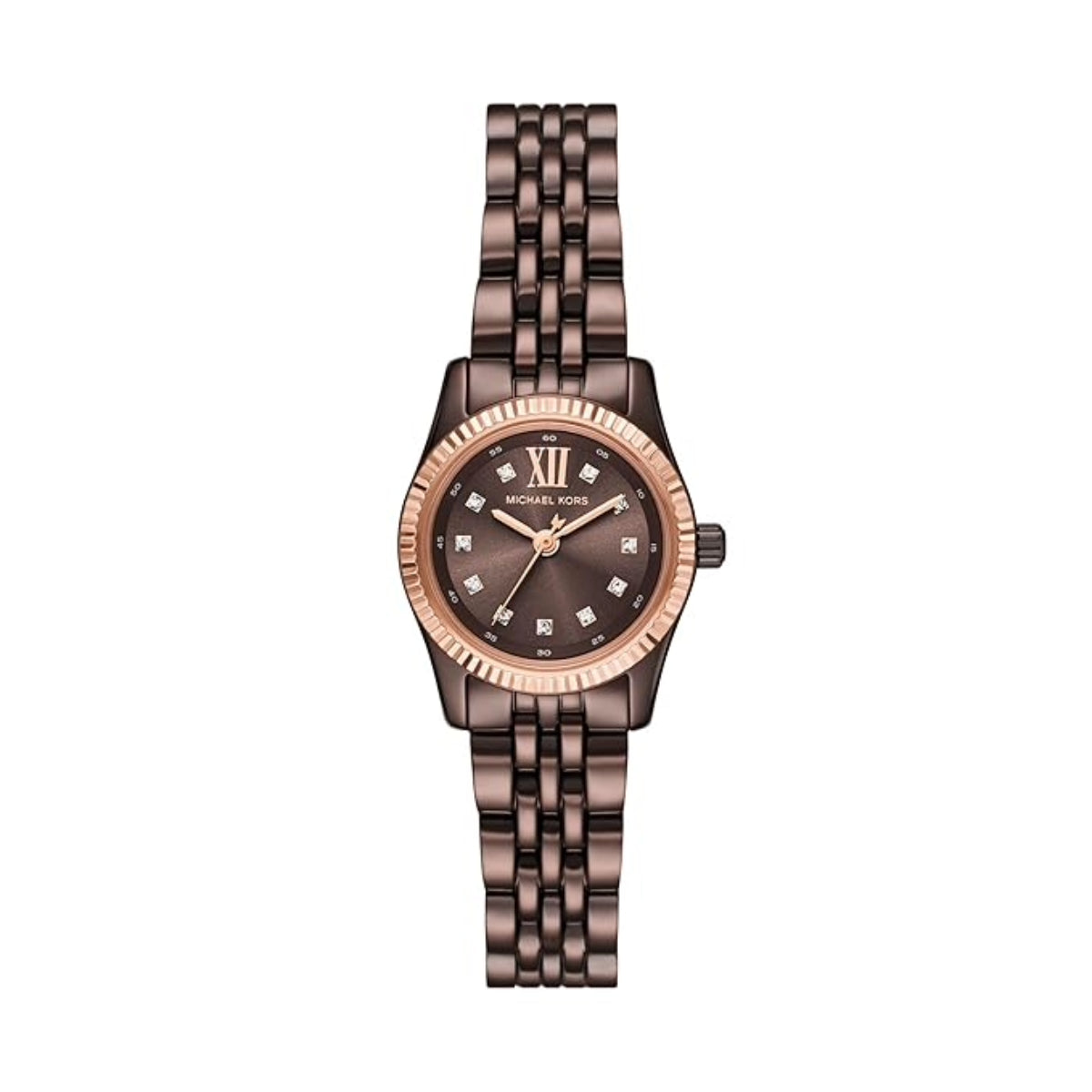 Rose gold watch with brown face on a white background