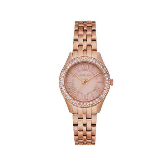 Rose gold watch with a light pink face on a white background