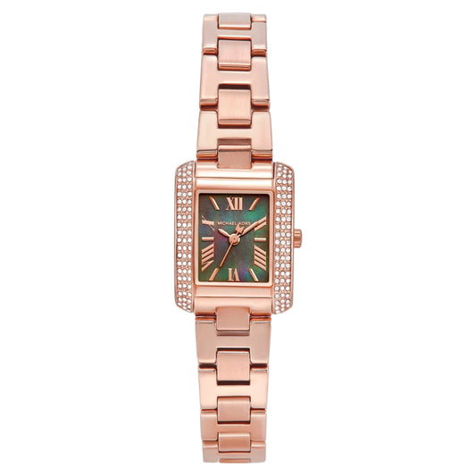 Rose gold watch with a rectangular face on a light gray background