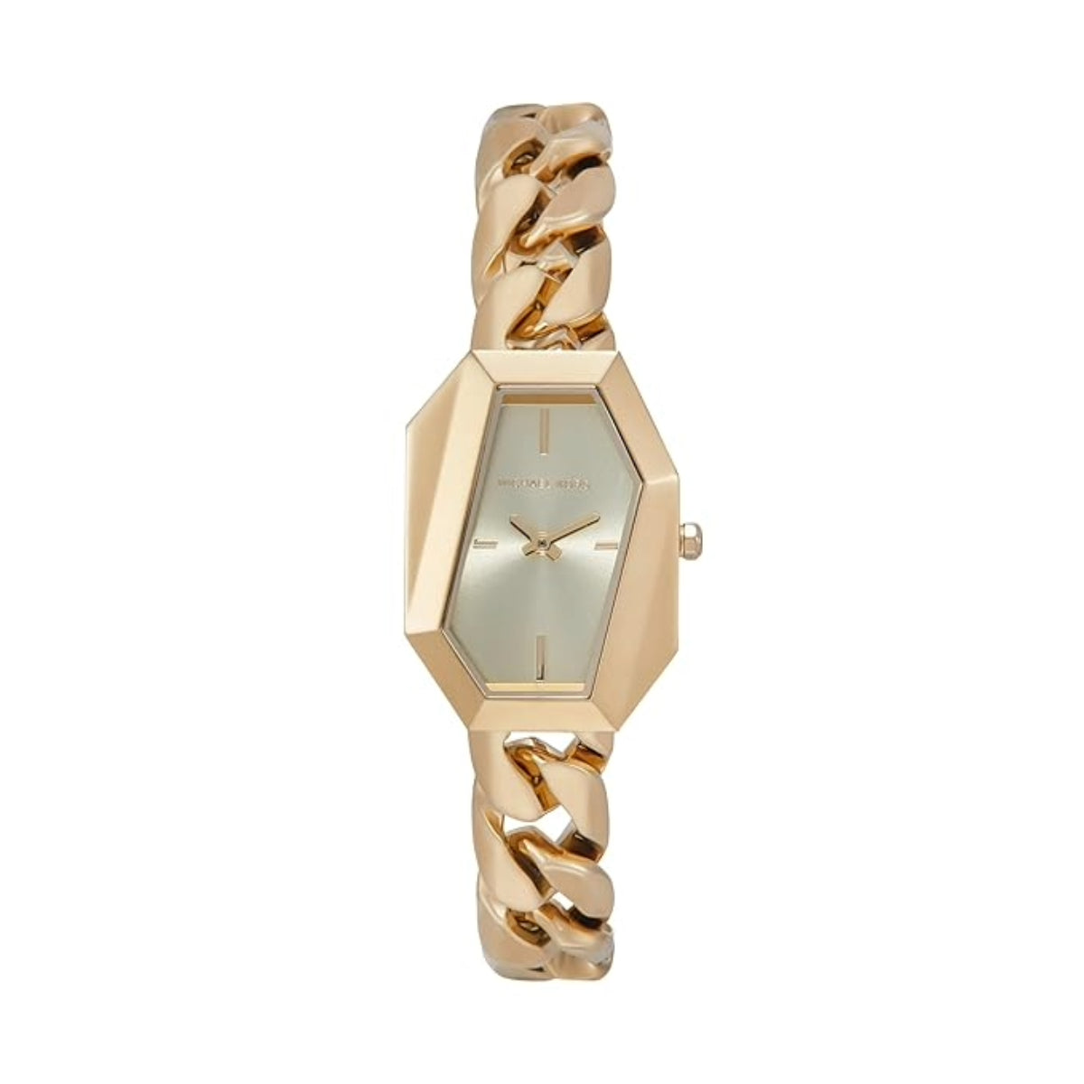 Gold wristwatch with chain design on a white background