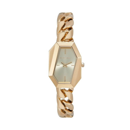 Gold wristwatch with chain design on a white background