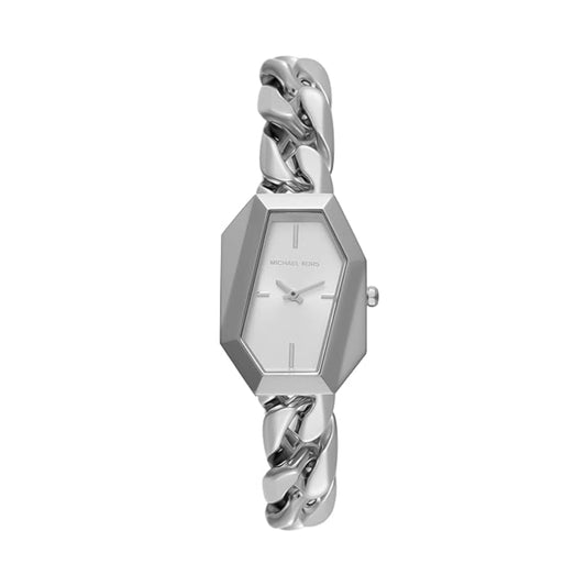 Silver watch with a braided design on a white background