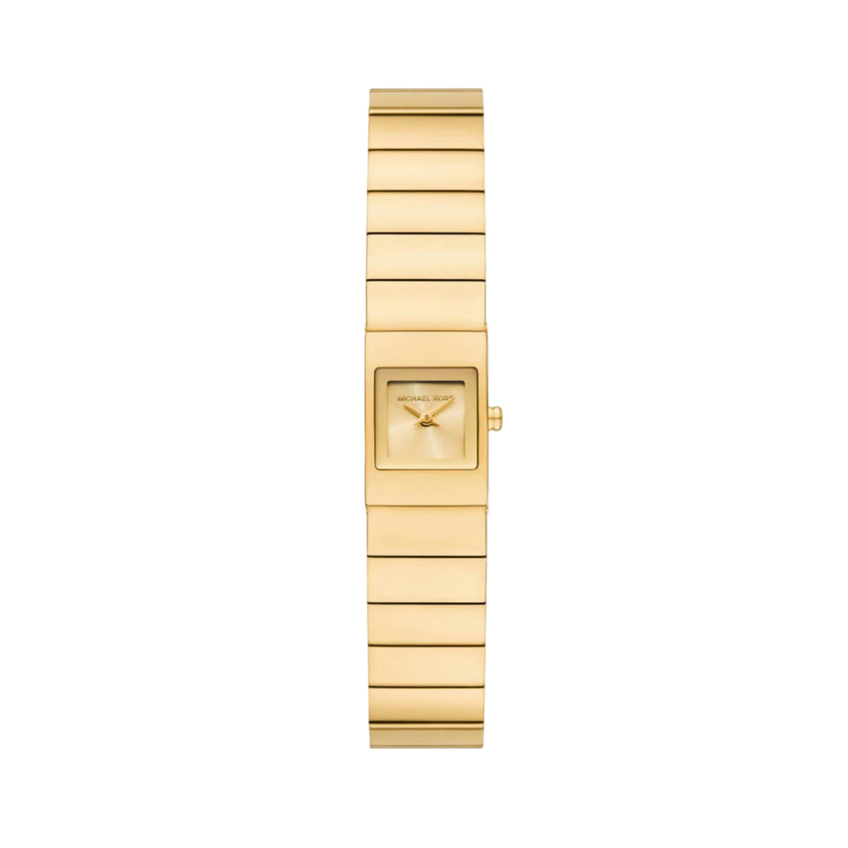 Gold watch with a rectangular face on a white background