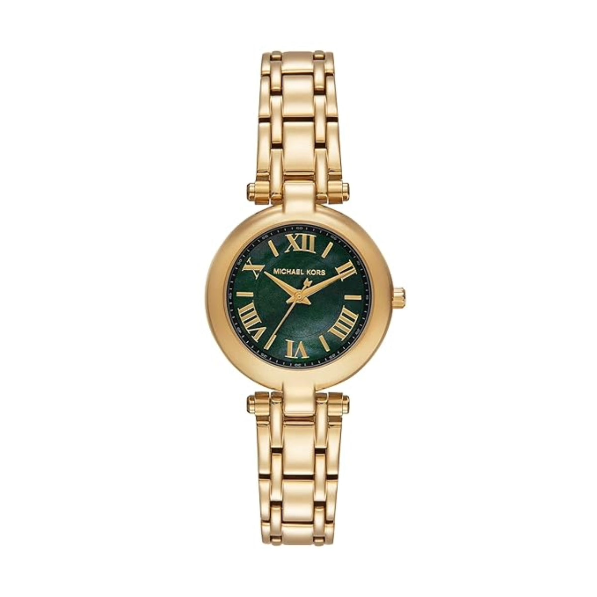 Gold watch with a green dial on a white background