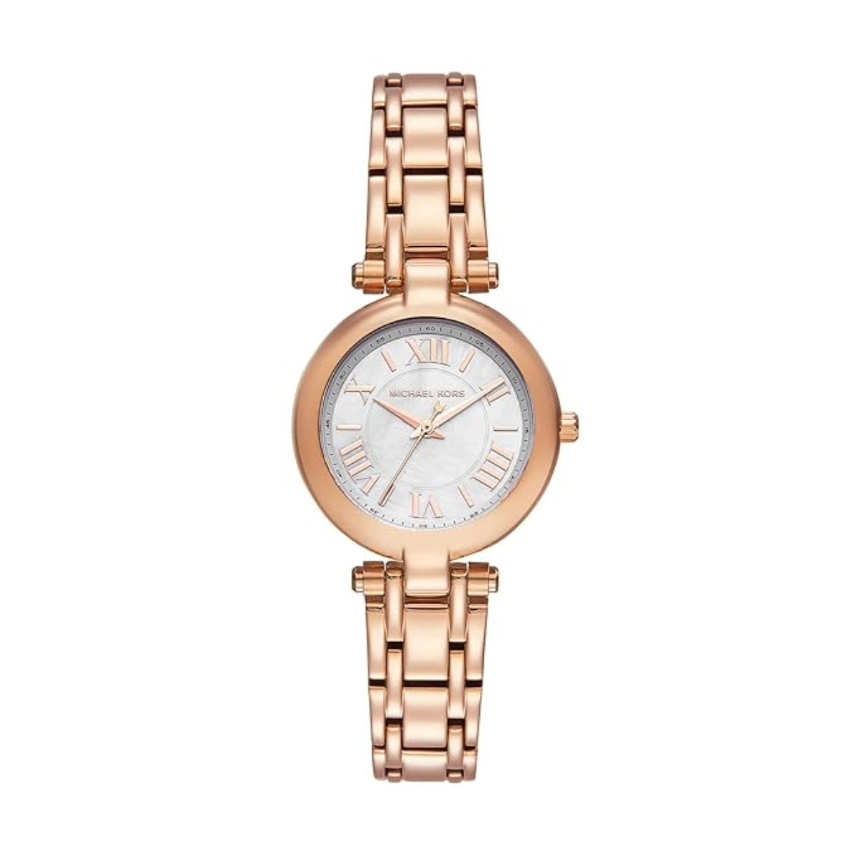 Rose gold watch with a white dial on a white background
