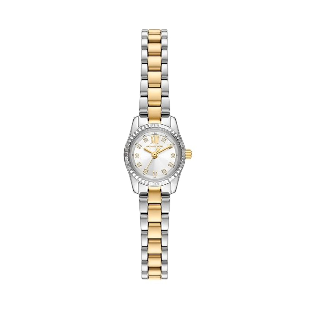 Two-tone watch with silver and gold bracelet on a white background