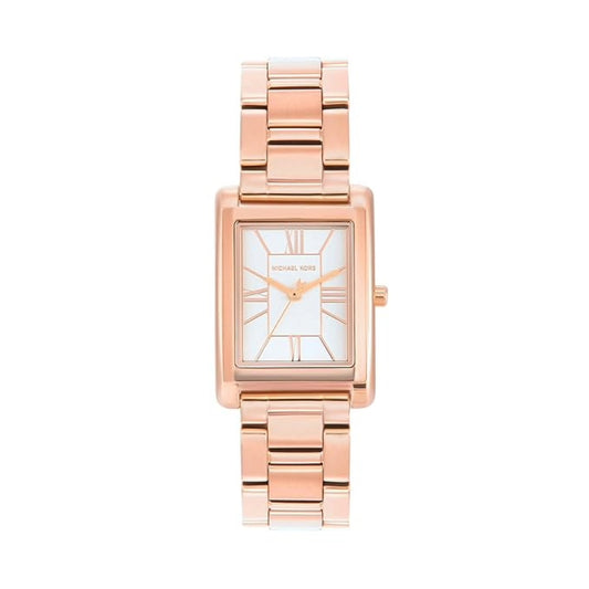 Rose gold watch with a white face on a white background