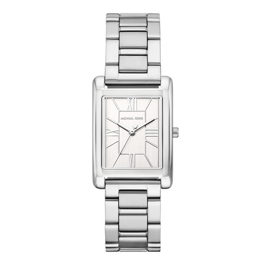 Silver watch with rectangular face on a white background