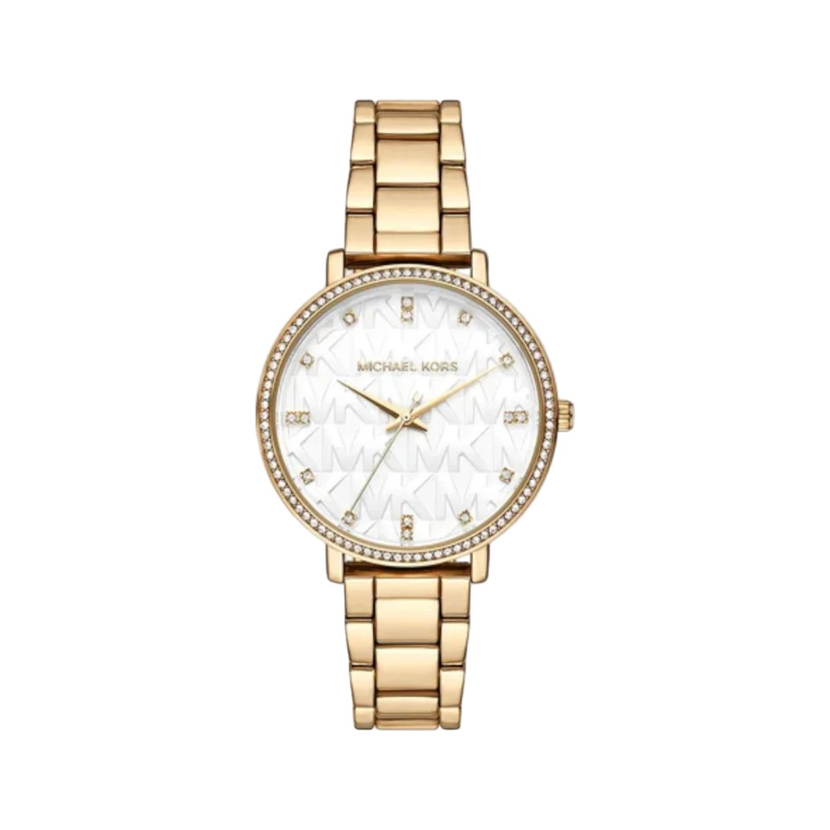 Gold watch with a white face on a light gray background