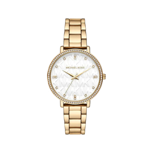 Gold watch with a white face on a light gray background