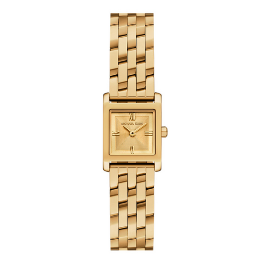 Gold watch with a square face on a white background