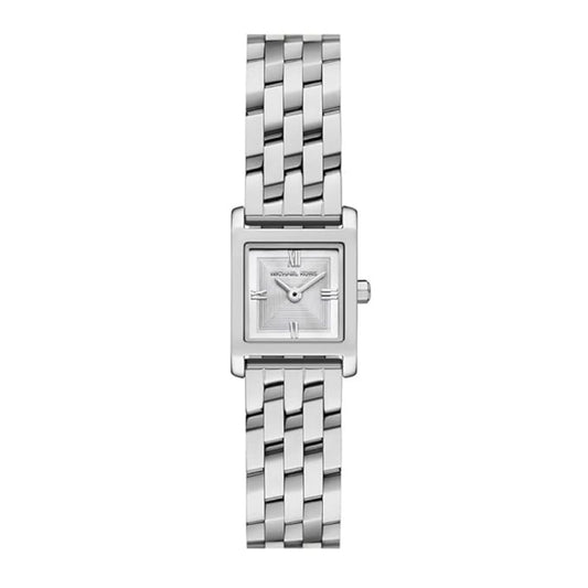 Silver watch with a woven metal strap on a white background