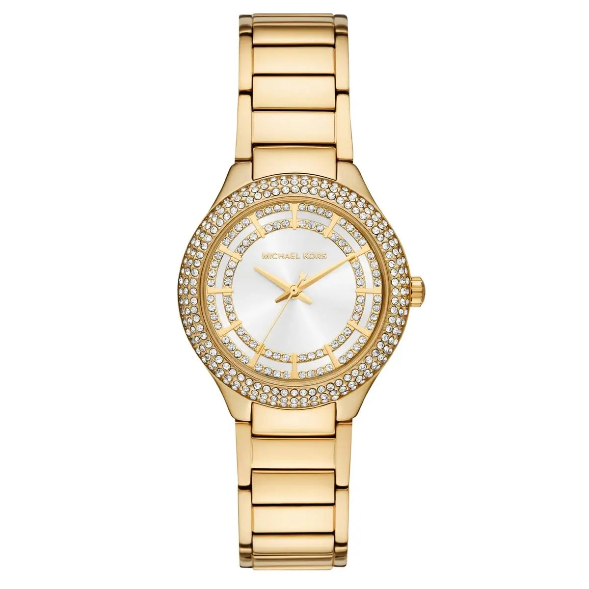 Gold watch with a white face on a white background
