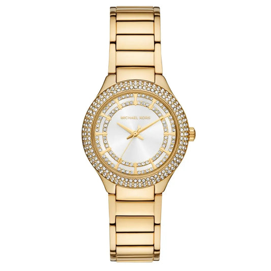 Gold watch with a white face on a white background