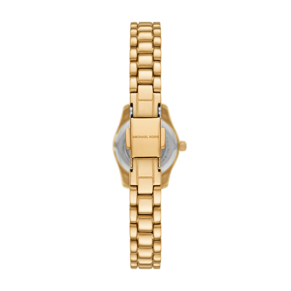 Gold watch with a white face on a white background