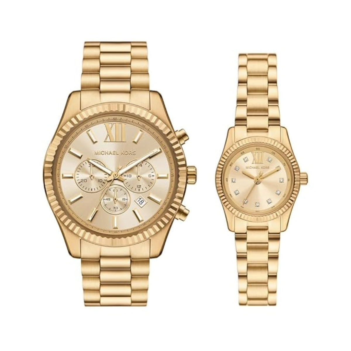 Gold watch set with detailed face and bracelet on a white background