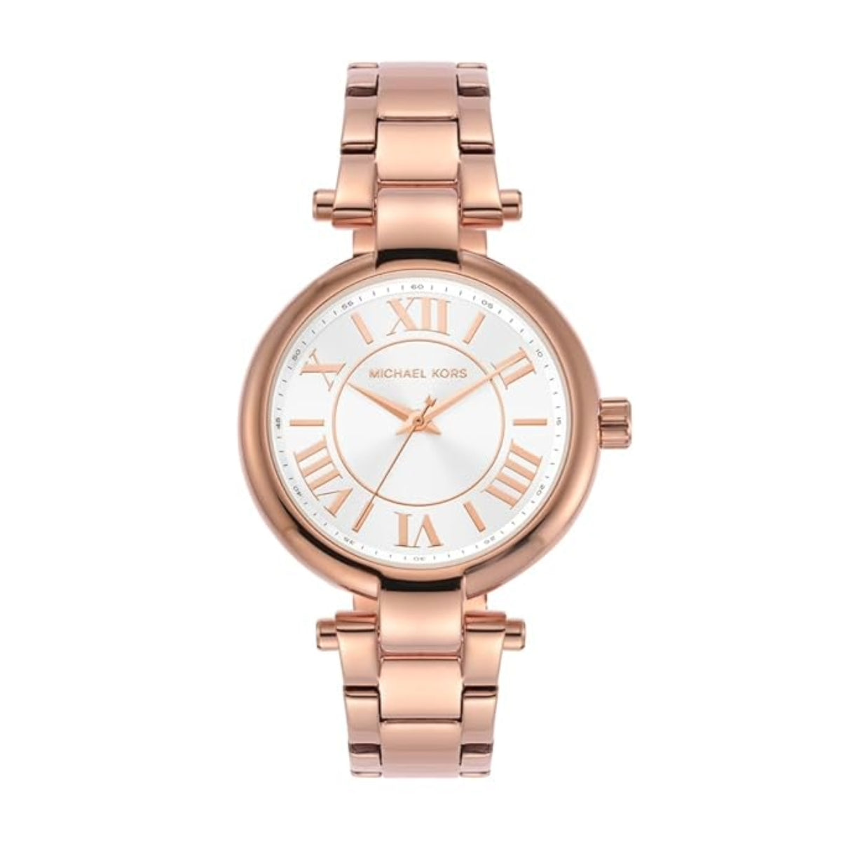 Rose gold watch with white dial on a white background
