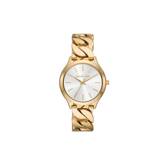 Gold watch with a white face on a white background
