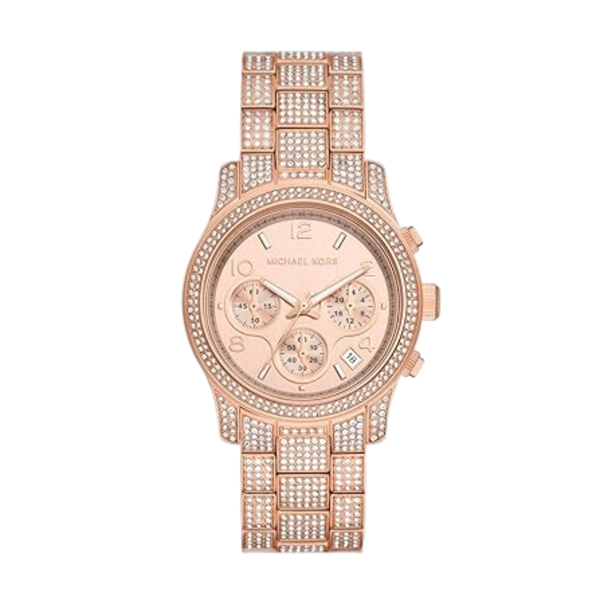 Rose gold watch with gemstone accents on a white background